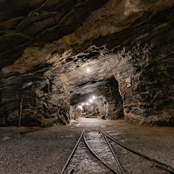 An illuminated underground mine tunnel