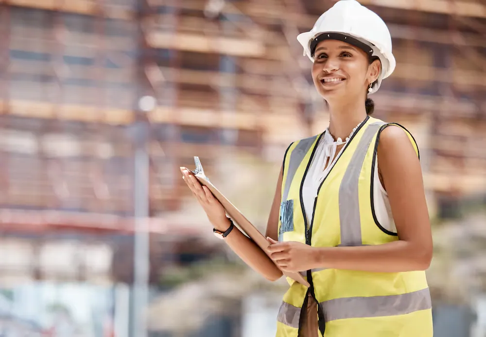 Construction worker smiling making an inspection